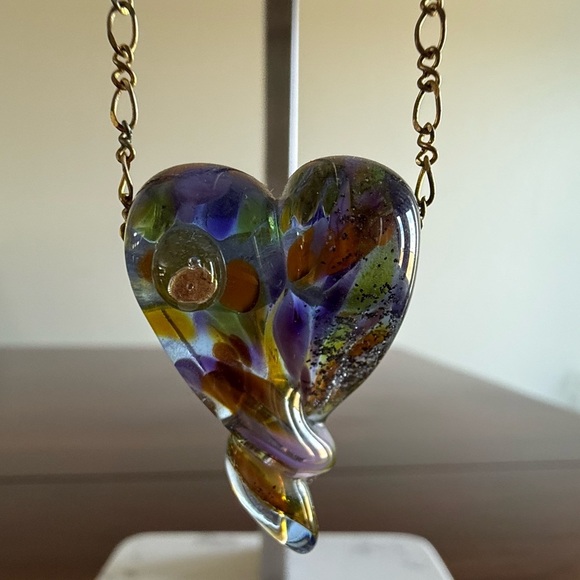 Vibrant Multicolor Heart Glass Pendant Necklace Handmade - Picture 1 of 9